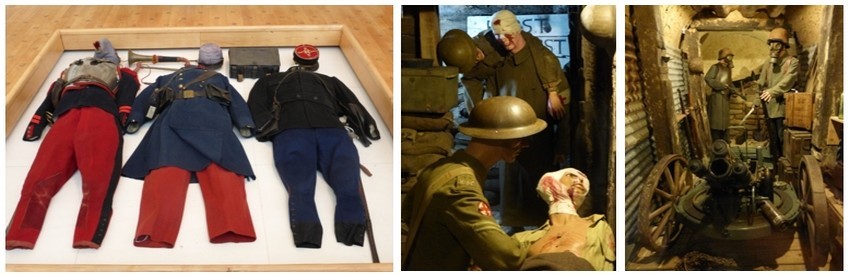 De gauche à droite : Costumes des poilus à l'Historial de la Grande Guerre à Péronne; A Albert,  le Musée Somme 1916 où sont rassemblés des objets et des scènes qui donnent le frisson. (© Photos Catherine Gary)