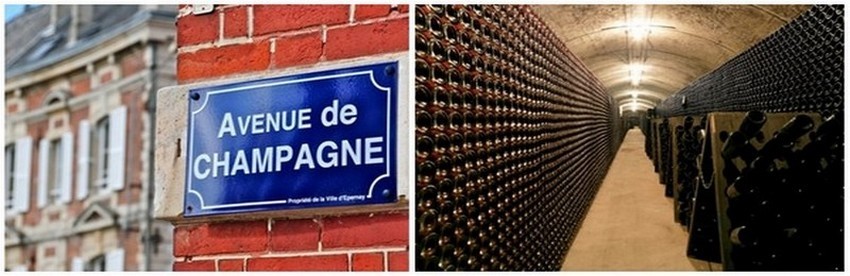 De gauche à droite : Plaque de l'Avenue de Champagne à Epernay ( © CRTCA); Les caves du Champagne de Telmont ( © DR)