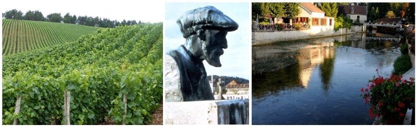 De gauche à droite : Vignobles de la Côte des bar (© Catherine Gary); La Statue de Renoir dans sa ville d'Essoyes ( © CDT Aube en Champagne ); Une vue de la petite ville d'Essoyes (© CDT Aube en Champagne)