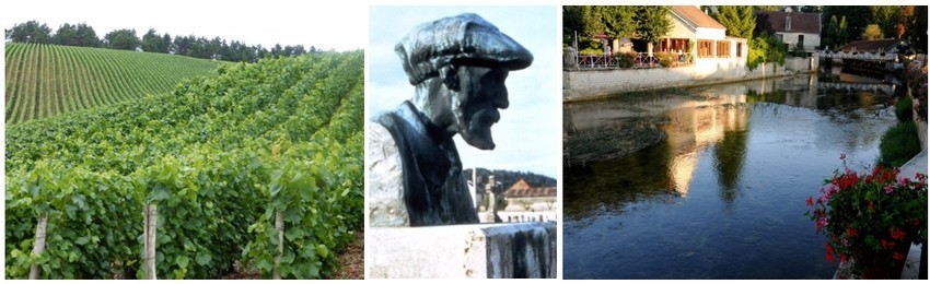De gauche à droite : Vignobles de la Côte des bar (© Catherine Gary); La Statue de Renoir dans sa ville d'Essoyes ( © CDT Aube en Champagne ); Une vue de la petite ville d'Essoyes (© CDT Aube en Champagne) De gauche à droite : Vignobles de la Côte des bar (© Catherine Gary); La Statue de Renoir dans sa ville d'Essoyes ( © CDT Aube en Champagne ); Une vue de la petite ville d'Essoyes (© CDT Aube en Champagne)