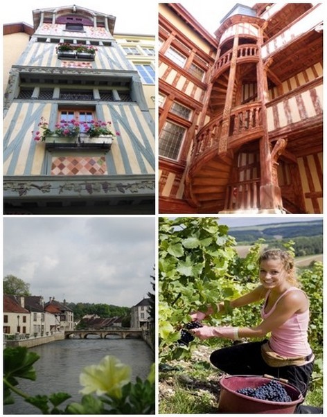 En haut :A Troyes on y vient d’abord pour le plaisir de flâner dans les rues étroites qui gardent intactes leurs maisons à pans de bois (© Catherine Gary) ; En bas à gauche vue sur la petite ville d'Essoyes (© CDT Aube-en-Champagne); A droite :  Vendanges dans le petit village Des Riceys  (© Didier Guy)