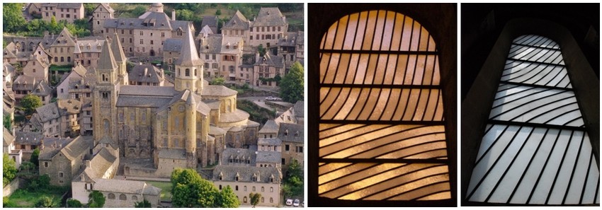 En 1986, l’Etat en la personne de Jack Lang, alors ministre de la Culture demande à Pierre Soulages de réaliser des vitraux pour l’abbatiale Sainte-Foy de Conques. (© O.T. Rodez)