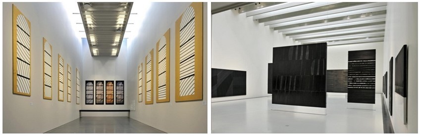 De gauche à droite : Les cartons de Conques et les Outrenoirs de Pierre Soulages (© Photos musée-soulages à Rodez) De gauche à droite : Les cartons de Conques et les Outrenoirs de Pierre Soulages (© Photos musée-soulages à Rodez)