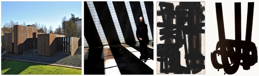 De gauche à droite : Le musée Soulages, un bâtiment résolument contemporain.( ©Photo O.T. de l'Aveyron); Pierre Soulages pose dans une des salles du musée ou la lumière est dispensée en fonction de ses oeuvres (© photo JM Kiener); brou de noix (© CR musée Soulages);Lithographie N°29-Donation Pierre et Colette Soulages. (© CR musée Soulages -Rodez) De gauche à droite : Le musée Soulages, un bâtiment résolument contemporain.( ©Photo O.T. de l'Aveyron); Pierre Soulages pose dans une des salles du musée ou la lumière est dispensée en fonction de ses oeuvres (© photo JM Kiener); brou de noix (© CR musée Soulages);Lithographie N°29-Donation Pierre et Colette Soulages. (© CR musée Soulages -Rodez)