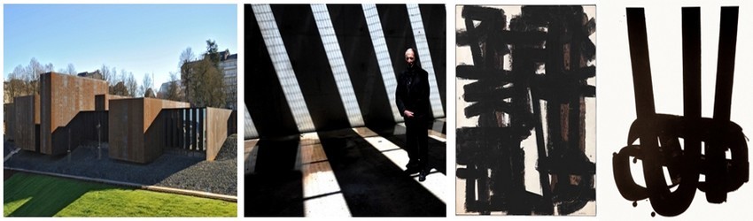 De gauche à droite : Le musée Soulages, un bâtiment résolument contemporain.( ©Photo O.T. de l'Aveyron); Pierre Soulages pose dans une des salles du musée ou la lumière est dispensée en fonction de ses oeuvres (© photo JM Kiener); brou de noix (© CR musée Soulages);Lithographie N°29-Donation Pierre et Colette Soulages. (© CR musée Soulages -Rodez)