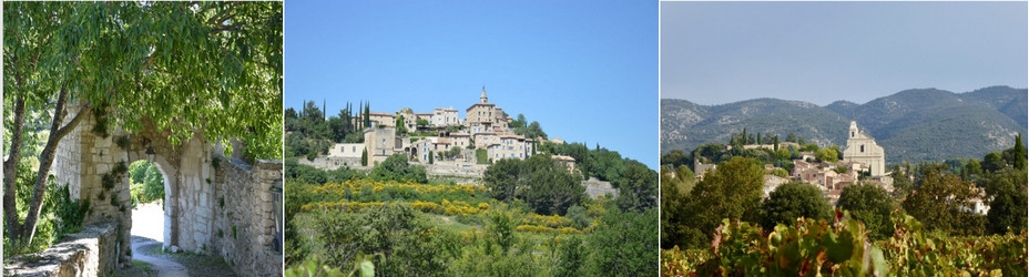 En grimpant dans le village du Beaucet @Ventoux Provence; Vue sur la grande église du village de Bodoin @C.Gary ;  Village de Crillon le Brave @Ventoux Provence Tourisme