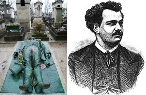 De gauche à droite : ) La sépulture sulfureuse de Victor Noir au cimetière parisien du Père Lachaise. (Crédit photo Bertrand Munier); Portrait de Yvan Salmon dit Victor Noir (Photo DR)
