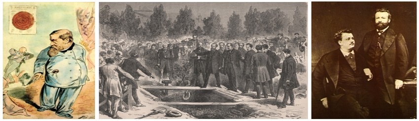 De gauche à droite : Pierre Bonaparte, après son odieux forfait sur Victor Noir, en son domicile d’Auteuil. Une caricature signée Gill. (Crédit photo Bertrand Munier);) Les discours sur la tombe ouverte de Victor Noir au cimetière de Neuilly. (Crédit photo Bertrand Munier);) Les journalistes de « La Marseillaise» au cœur de cette affaire. À gauche, Victor Noir et à droite, Ulrich de Fonvielle. (Crédit photo Bertrand Munier)