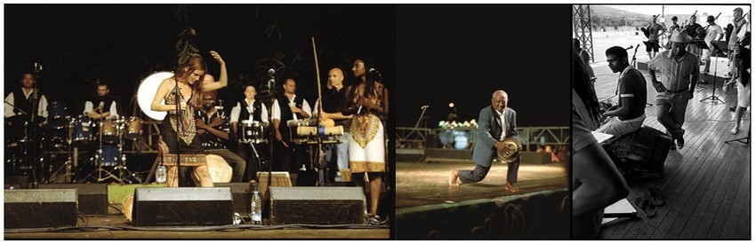 Kevrenn Alre et Saodaj en concert à l'ïle de la Réunion (Crédit Photo DR); Le grand chanteur Réunionnais Firmin Viry saluant son public , toujours Firmin Viry en plein concert  (Crédit photo DR)