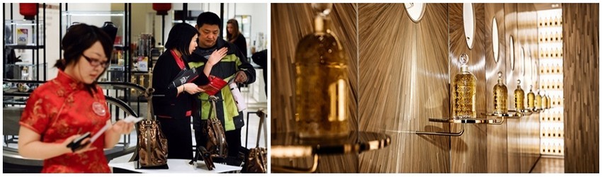 Un tiers des touristes chinois ont par exemple acheté un sac durant leur voyage à Paris, c’est d’ailleurs leur achat le plus cher devant l’horlogerie (Crédit photo Martin Bureau - AFP) - Viennent ensuite les parfums dans la Boutique Guerlain sur les Champs-Elysées (Crédit Photo Maison Guerlain)