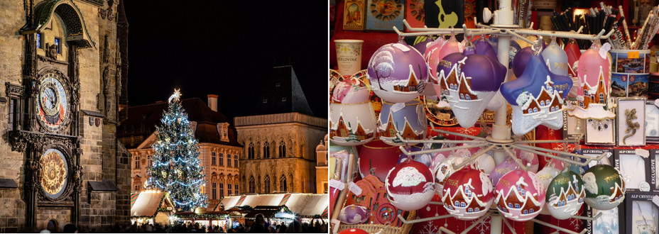 L'horloge astronomique et la perspective sur la plus grande place de Prague @Milan Bachan CzechTourism; Les chalets de bois du marché de Noël @Catherine Gary