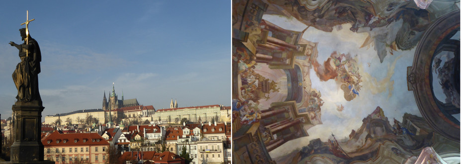 Vue sur Mala Strana depuis le pont Charles. @Catherine Gary ;  Plafond de la très riche église baroque de Saint Nicola en grimpant vers le château @Catherine Gary