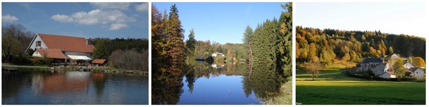 De gauche à droite : Auberge des Mille Etangs ;  Etang à Ecromagny (Crédit photos André Degon) Petit bourg perdu sur le plateau de la Beulotte-Saint-Laurent (Crédit photo Polpec)