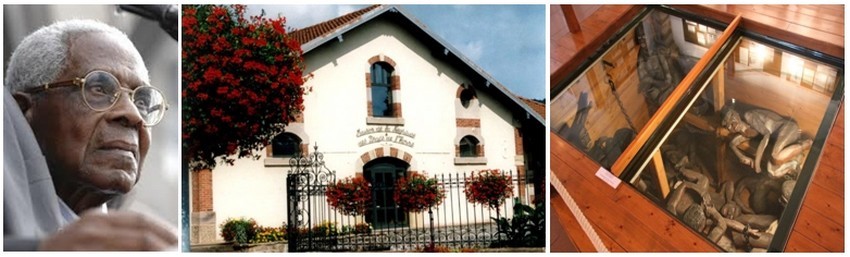 En 1971 voit le jour la Maison de la négritude et des droits de l’homme sous le patronage de Léopold Sédar Senghor qui lui donne ce nom. De gauche à droite : Portrait de Léopold Sedar Senghor; Maison de la Négritude et des droits de l’homme à Champagney ; Représentation des esclaves à fond de cale; (Crédit photo réseau des Routes de l’abolition de l’esclavage et André Degon) En 1971 voit le jour la Maison de la négritude et des droits de l’homme sous le patronage de Léopold Sédar Senghor qui lui donne ce nom. De gauche à droite : Portrait de Léopold Sedar Senghor; Maison de la Négritude et des droits de l’homme à Champagney ; Représentation des esclaves à fond de cale; (Crédit photo réseau des Routes de l’abolition de l’esclavage et André Degon)