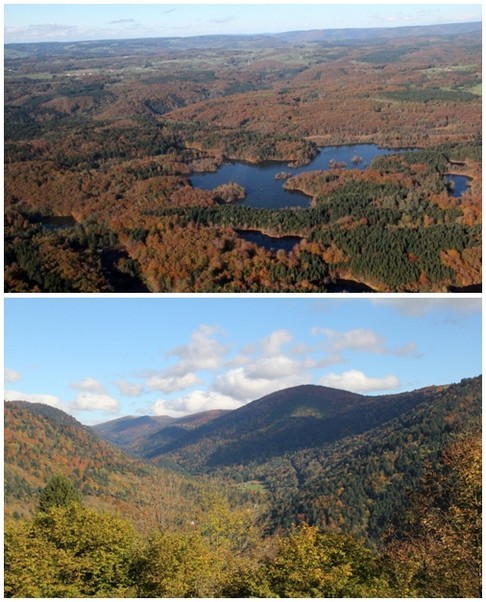 Haut : Survol du Plateau des Mille Etangs; Bas : Massif du Ballon de Servance( Crédit photo André Degon)