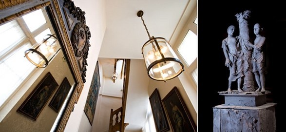 Oeuvres d'art décorant la montée du magnifique escalier de l'Hôtel des-Saint-Pères à Paris (Crédit photo DR); 2/ La la sculpture “Adam et Eve” signée Georges Jeanclos (Crédit photo Yann Monel)