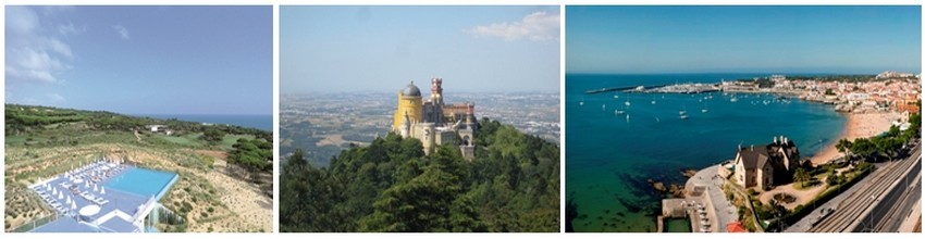 De gauche à droite : vue d'ensemble de l'hôtel The Oitavos à proximité de 2/  Sintra, ville inscrite au Patrimoine Mondial de l'UNESCO et de  3 /Cascais, charmant port de pêche (Crédit photos DR)