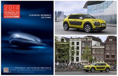 A gauche : Affiche du Mondial de l'Automobile 2014 ; En haut à droite :  Les fameux airbumps sur les flancs, du jamais vu. En bas à droite : Le C4 Cactus en route pour l'aventure..... (Crédit photos DR)