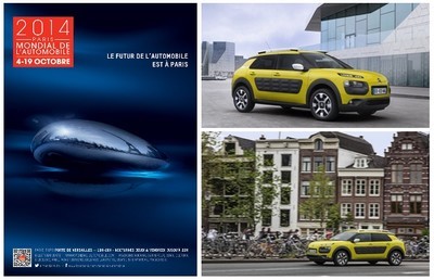 A gauche : Affiche du Mondial de l'Automobile 2014 ; En haut à droite : Les fameux airbumps sur les flancs, du jamais vu. En bas à droite : Le C4 Cactus en route pour l'aventure..... (Crédit photos DR) A gauche : Affiche du Mondial de l'Automobile 2014 ; En haut à droite : Les fameux airbumps sur les flancs, du jamais vu. En bas à droite : Le C4 Cactus en route pour l'aventure..... (Crédit photos DR)