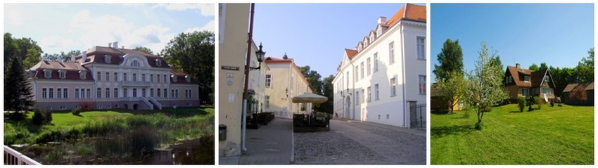 De gauche à droite : Vue sur le Château de Laupa  (en estonien : Laupa mõis, en allemand Schloß Laupa) est un château situé dans le village de Laupa appartenant à la commune de Türi (ancienne Turgel) dans la région de Järva en Estonie.(Crédit photo DR); Une rue de Tallinn où se trouvent d'élégants Hôtels Particuliers ( Crédit photo leblogdalain.blogspot.fr); Une ferme hébergement dans la campagne estonienne ( 	http://www.hansu.ee/hansu-tourism-farm/ External link)