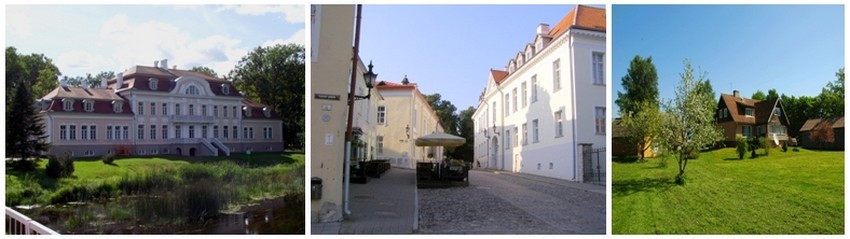 De gauche à droite : Vue sur le Château de Laupa (en estonien : Laupa mõis, en allemand Schloß Laupa) est un château situé dans le village de Laupa appartenant à la commune de Türi (ancienne Turgel) dans la région de Järva en Estonie.(Crédit photo DR); Une rue de Tallinn où se trouvent d'élégants Hôtels Particuliers ( Crédit photo leblogdalain.blogspot.fr); Une ferme hébergement dans la campagne estonienne ( http://www.hansu.ee/hansu-tourism-farm/ External link) De gauche à droite : Vue sur le Château de Laupa (en estonien : Laupa mõis, en allemand Schloß Laupa) est un château situé dans le village de Laupa appartenant à la commune de Türi (ancienne Turgel) dans la région de Järva en Estonie.(Crédit photo DR); Une rue de Tallinn où se trouvent d'élégants Hôtels Particuliers ( Crédit photo leblogdalain.blogspot.fr); Une ferme hébergement dans la campagne estonienne ( http://www.hansu.ee/hansu-tourism-farm/ External link)