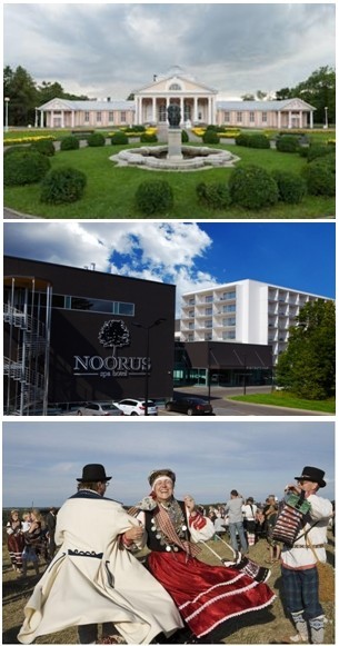 De haut en bas : 1/ A Pärnu avec l’Hedon Spa & Hotel qui s'est installé dans un magnifique édifice historique; 2/  A Narva, un nouvel hôtel spa nommé Noorus Spa Hotel a ouvert ses portes. Les 114 chambres de cet hôtel très design et moderne sont situées le long d’une plage de sable  3/ Ambiance accueillante et folklorique des danseurs Estoniens (Crédit photo DR).