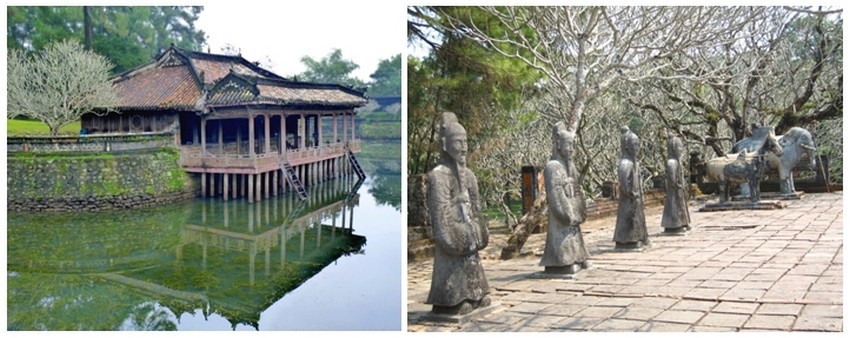 Autour de Hué, les rois ont fait dresser leurs dernières demeures. Tự Đức fait établir le sien, au bord de la rivière des parfums. (Crédit photo 1/ A gauche - Wikipedia - 2/ Crédit photo Jeophebus.com)