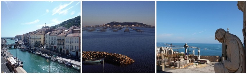 De gauche à droite : Vue sur le Canal Royal à Sète (Crédit photo DR); Bassin de Thau (Crédit photo DR); Cimetière marin de Sète (Crédit photo André Degon)