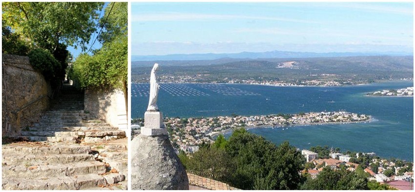De gauche à droite : Les escaliers sont rudes pour gravir le mont Saint-Clair.(Crédit photo André Degon); Vue depuis le Mont Saint-Clair sur le bassin de Thau( Sète )(Crédit photo DR) De gauche à droite : Les escaliers sont rudes pour gravir le mont Saint-Clair.(Crédit photo André Degon); Vue depuis le Mont Saint-Clair sur le bassin de Thau( Sète )(Crédit photo DR)