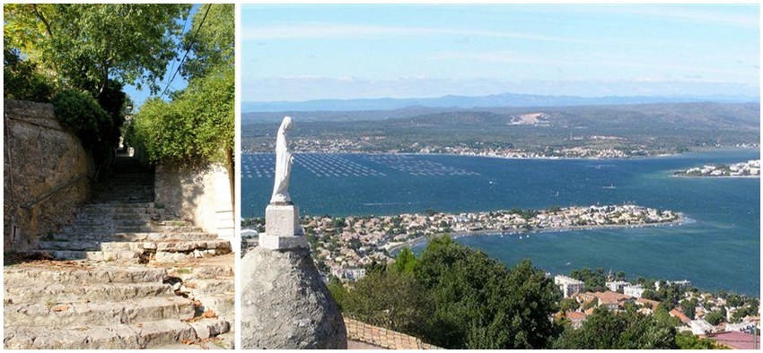 De gauche à droite : Les escaliers sont rudes pour gravir le mont Saint-Clair.(Crédit photo André Degon); Vue depuis le Mont Saint-Clair sur le bassin de Thau( Sète )(Crédit photo DR)