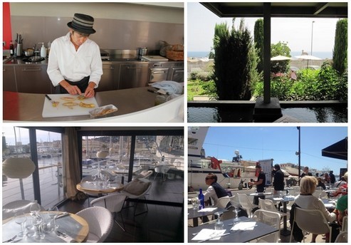 En haut de gauche à droite : Anne Majourel, un nom dans la gastronomie sétoise (Crédit photo André Degon); Terrasse  de la Brasserie des Arts, jouxtant le musée Paul Valérie, ce restaurant est un véritable havre de paix. (Crédit photo DR); En bas de gauche à droite : Restaurant La Péniche, Corinne a amarré sa péniche à l’entrée de Sète, histoire de souhaiter la bienvenue au visiteur (Crédit photo DR); Le Porto Pollo. Un classique restaurant de poisson sur le port (Crédit photo DR)