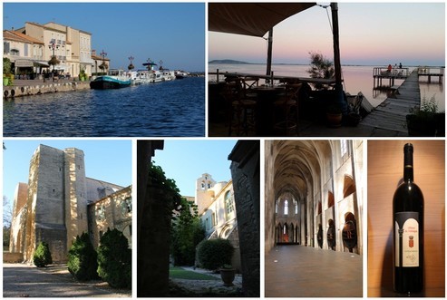 En haut à gauche : Le port de Marseillan (Crédit photo DR); 2/  Coucher de soleil au Saint-Barth sur l'étang de Thau (Crédit photo André Degon); en bas de gauche à droite : 1 et 2/différentes vues de l'Abbaye de Valmagne. 3/Nef de l'abbaye de Valmagne avec ses foudres légendaires et 4/ la cuvée qui lui est dédiée (Crédit photos André Degon)