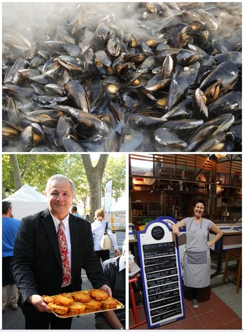 En haut : La fameuse brasucade de moules (Crédit photo DR); En bas de gauche à droite : Christian Dasse président de l'association pour la promotion gastronomique sétoise peut être fier de ses tielles (Crédit photo André Degon); Halles et manger, petit resto sympa aux Halles. Ou quand une bretonne, Magali se retrouve à Sète pour l'amour d'un Sétois, Thierry.(Crédit photo André Degon)