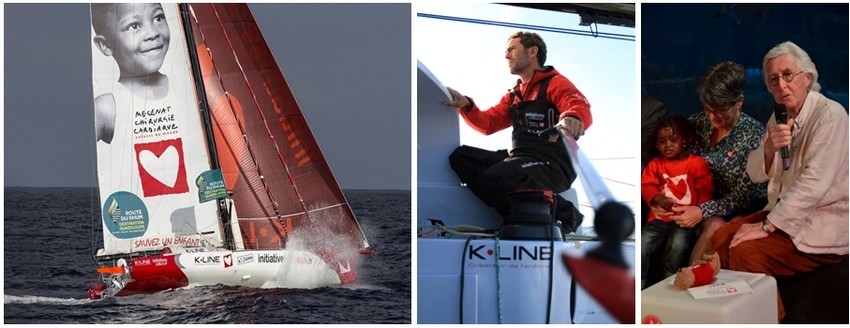 De gauche à droite :  Avec deux tours du monde au compteur, Initiatives-Cœur a subi quelques modifications pour devenir plus compétitif. (Crédit photo Jean-Marie Liot); 2/ Le skipper Tanguy de Lamotte sur son catamaran (Crédit photo Jean-Marie Delamotte); Francine Leca de InitiativesCoeur avec un jeune enfant qui a été opéré grâce au soutien de l'Association (Crédit photo David Raynal)