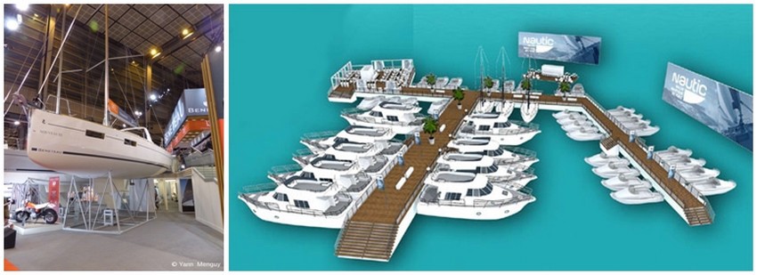 De gauche à droite : Photo du voilier du Groupe Bénéteau; La « Marina du Nautic ». Un espace doté de ponton, conçu comme une véritable Marina permettra d’admirer les bateaux comme sur un salon à flot (Crédit photo  Salon le Nautic 2014). De gauche à droite : Photo du voilier du Groupe Bénéteau; La « Marina du Nautic ». Un espace doté de ponton, conçu comme une véritable Marina permettra d’admirer les bateaux comme sur un salon à flot (Crédit photo  Salon le Nautic 2014).