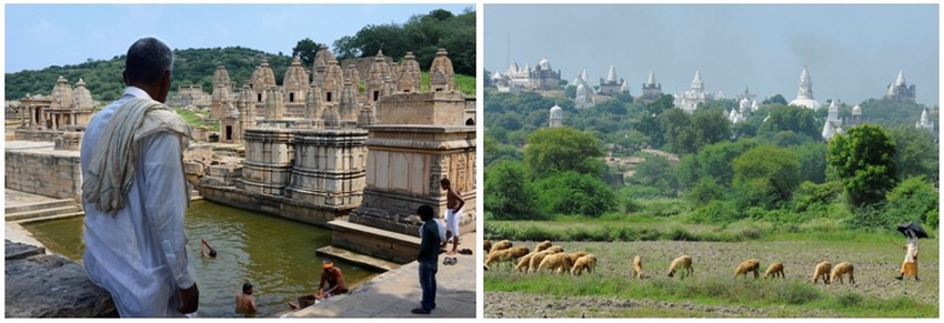 De gauche à droite : Baignade et prières sur les ghats à Batesara;  Berger au pied de Sonagiri, 108 temples jaïns blancs (Crédit photos Fabrice Dimier)