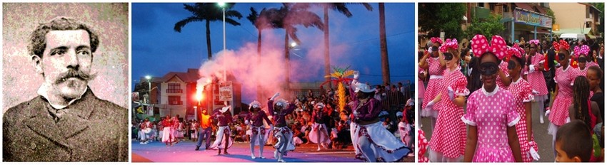 les colons  venus d’Europe célébraient le carnaval, alors interdit aux esclaves C’est seulement en 1885 que Gustave Franconie,  premier député de Guyane, officialise le carnaval.(1ère photo à Gauche - Crédit photo Wilkipédia)  - Photos 2 et 3.(Crédit photos  OT Guyane))