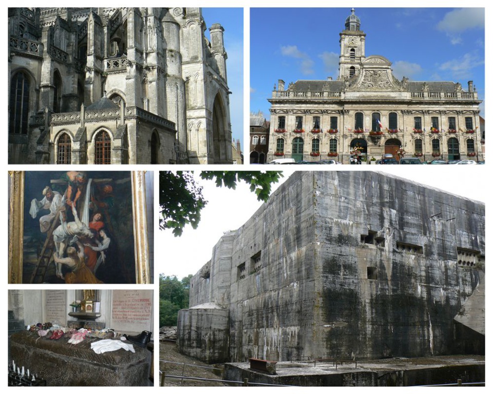 A Saint-Omer, la cathédrale qui abrite un très beau buffet d’orgue du XVIIIe siècle réalisé par la famille Piette ainsi qu’un tableau de Rubens représentant la descente de croix. Eperlecques, le plus grand blockhaus du nord de la France, - Aire-sur-la-Lys, sur la Grand-place, un superbe bâtiment du XVe siècle, le baillage, corps de garde de la milice bourgeoise de la ville @ André Degon