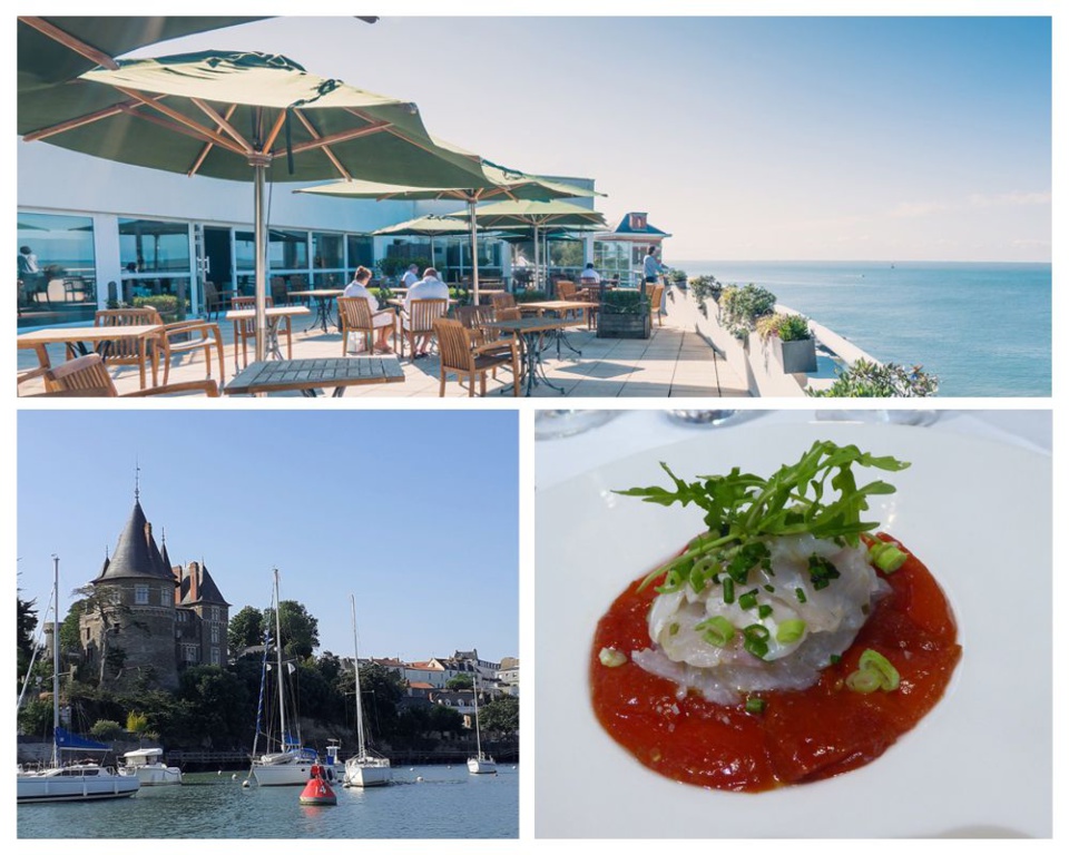 1/Restaurant la Terrasse d'Alliance Pornic surplombant la mer/ 2 Bateaux de plaisance dans le port 3/ Marius, daurade royale travaillée façon cebiche rosace de pastèque cuite au feu de bois @J-HIHN et Catherine Gary