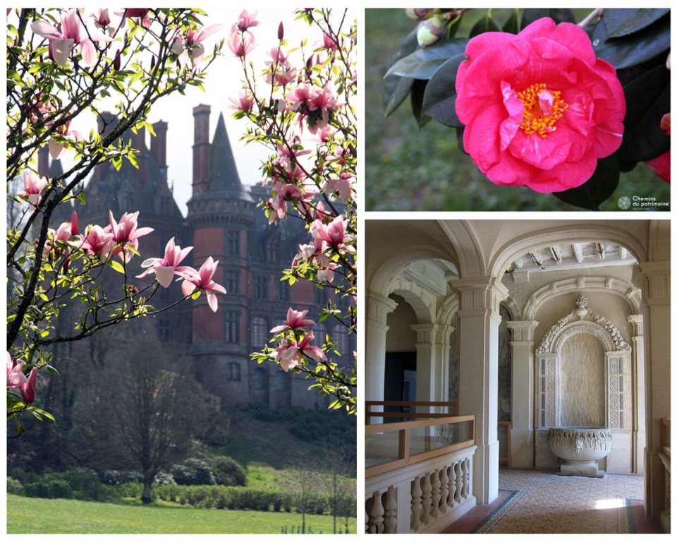 1/Magnolias et château de Trévarez © Pascale Quéré (CDP 29) 2/Vasque et fontaine decorative Noelie Blanc-Garin (CDP29 ) Domaine de Trevarez 3/Château Trevarez Pascale Quéré CDP29