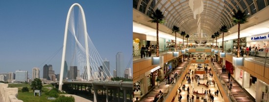 1/ Margaret Hunt Hill Bridgen, un pont de 560 mètres réservé aux piétons qui enjambe la Trinity River de son arche de 122 mètres (Crédit photo bonicklandscaping.com);2/ l'Atrium lumineux de la Galleria.(Crédit photo DR)