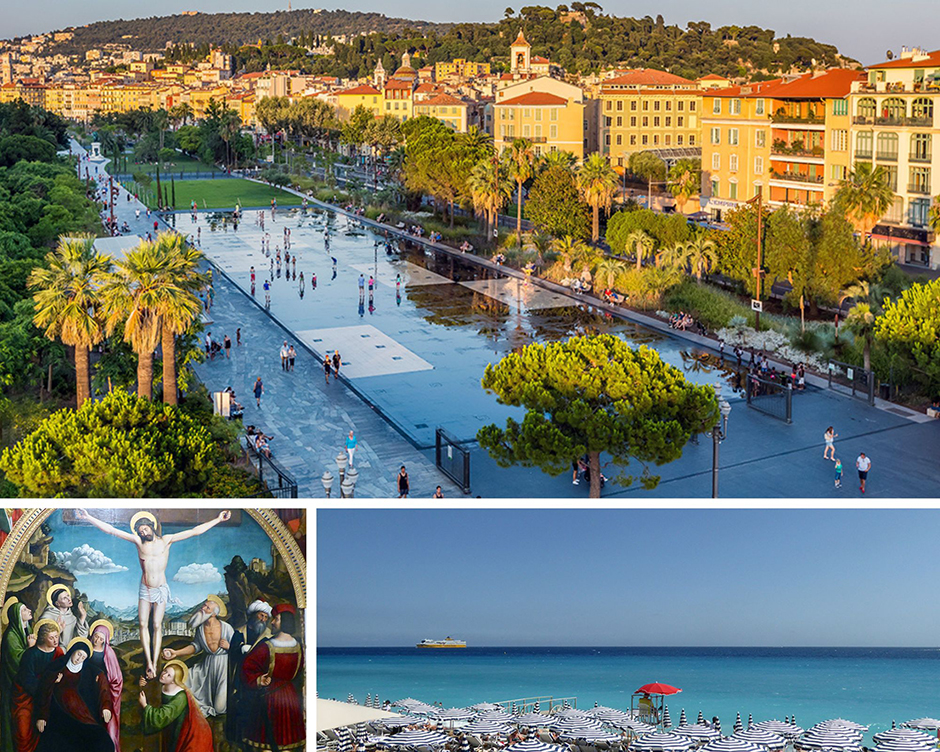 1/ Promenade du Paillon, une coulée verte près de la vieille ville 2/ La Crucifixion de Ludovivus Bréa, 1512, au musée Masséna. Une pure splendeur 3/ La plage de galets le long de la promenade des Anglais, 7km de long © Catherine Gary et OT Nice. 1/ Promenade du Paillon, une coulée verte près de la vieille ville 2/ La Crucifixion de Ludovivus Bréa, 1512, au musée Masséna. Une pure splendeur 3/ La plage de galets le long de la promenade des Anglais, 7km de long © Catherine Gary et OT Nice.