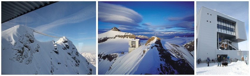 De gauche à droite : 1/ Une passerelle à 2971 m d'altitude (Crédit Photo degon); 2/ Glacier3000 sur la droite le Scex rouge, au fond l'Aldenhorn. Entre les deux le terminal du téléphérique dessiné par Mario Botta.(Crédit photo DR); 3/Glacier 3000. Le terminus conçu par Mario Botta abrite également un restaurant.(Crédit photo degon) De gauche à droite : 1/ Une passerelle à 2971 m d'altitude (Crédit Photo degon); 2/ Glacier3000 sur la droite le Scex rouge, au fond l'Aldenhorn. Entre les deux le terminal du téléphérique dessiné par Mario Botta.(Crédit photo DR); 3/Glacier 3000. Le terminus conçu par Mario Botta abrite également un restaurant.(Crédit photo degon)
