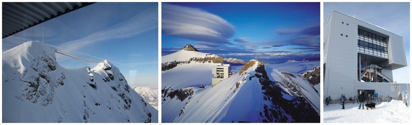 De gauche à droite : 1/ Une passerelle à 2971 m d'altitude (Crédit Photo degon); 2/ Glacier3000 sur la droite le Scex rouge, au fond l'Aldenhorn. Entre les deux le terminal du téléphérique dessiné par Mario Botta.(Crédit photo DR); 3/Glacier 3000. Le terminus conçu par Mario Botta abrite également un restaurant.(Crédit photo degon)