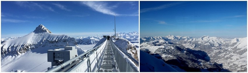 Peak Walk,sur la gauche, le pic de l'Odenhorn, 3123 m. Point convergeant des cantons de Vaud, Bern et Valais En contrebas le terminus du téléphérique dessiné pr Mario Botta. (Crédit photo DR); Sur la droite la chaîne des Diablerets. Dans la vallée, le village des Diablerets et Leysin. A gauche le massif du Meilleret.(Crédit photo André Degon) Peak Walk,sur la gauche, le pic de l'Odenhorn, 3123 m. Point convergeant des cantons de Vaud, Bern et Valais En contrebas le terminus du téléphérique dessiné pr Mario Botta. (Crédit photo DR); Sur la droite la chaîne des Diablerets. Dans la vallée, le village des Diablerets et Leysin. A gauche le massif du Meilleret.(Crédit photo André Degon)