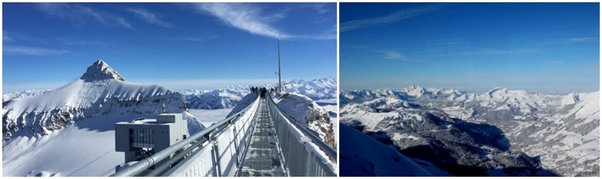 Peak Walk,sur la gauche, le pic de l'Odenhorn, 3123 m. Point convergeant des cantons de Vaud, Bern et Valais En contrebas le terminus du téléphérique dessiné pr Mario Botta. (Crédit photo DR); Sur la droite la chaîne des Diablerets. Dans la vallée, le village des Diablerets et Leysin. A gauche le massif du Meilleret.(Crédit photo  André Degon)