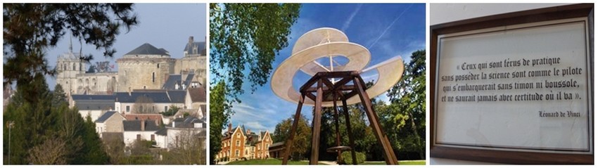 De gauche à droite : Château royal d'Amboise vu du Clos Lucé (Crédit photo Catherine Gary); Au fond le Château du Clos-Lucé où a vécu, selon les voeux de François 1er,  Léonard de Vinci dont on voit en premier plan une de ses étonnantes créations Crédit photo DR); Journal de Léonard Clos Lucé (Crédit photo Catherine Gary)