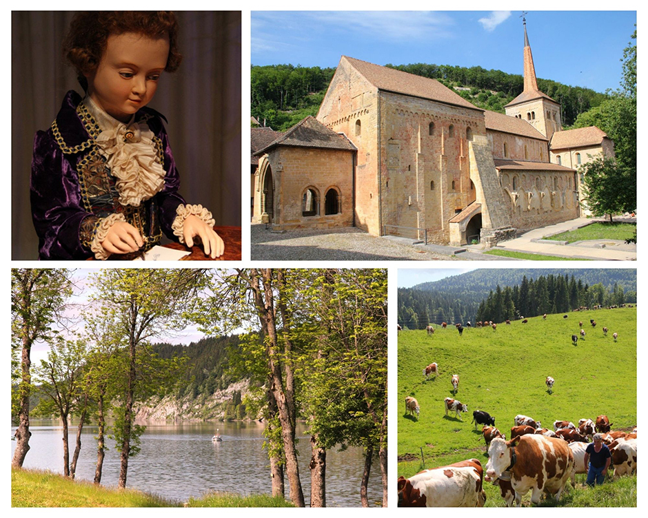 1/ Sainte-Croix, musée du Cima, automate écrivain, côté face / 2 Romainmôtier, grans site clunisien, l'abbatiale 3/ Lac de Joux 4/ Pâturages dans le Jura @ André Degon.