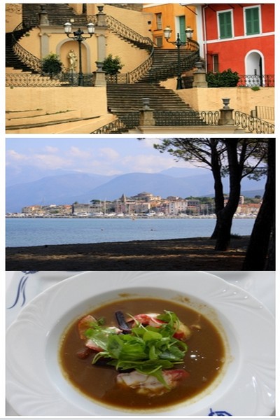 De haut en Bas : 1/ Magnifique façade et escalier majestueux  d'une maison de Bastia (©Jean-Marie Maillet) 2/ Vue sur Saint-Florent (Corse) (© Sylvain Alessandri); 3/ Soupe de homard à la Gaffe célèbre restaurant situé à Saint Florent  (© Catherine Gary)