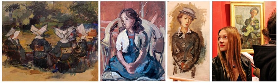 Quatre toiles de David Seifert, de gauche à droite : les bonnes soeurs; Fillette au fauteuil et à la robe bleue (1933); Portrait de femme ; (© DR); Une admiratrice lors du vernissage à la Galerie Les Montparnos (© David Raynal) Quatre toiles de David Seifert, de gauche à droite : les bonnes soeurs; Fillette au fauteuil et à la robe bleue (1933); Portrait de femme ; (© DR); Une admiratrice lors du vernissage à la Galerie Les Montparnos (© David Raynal)
